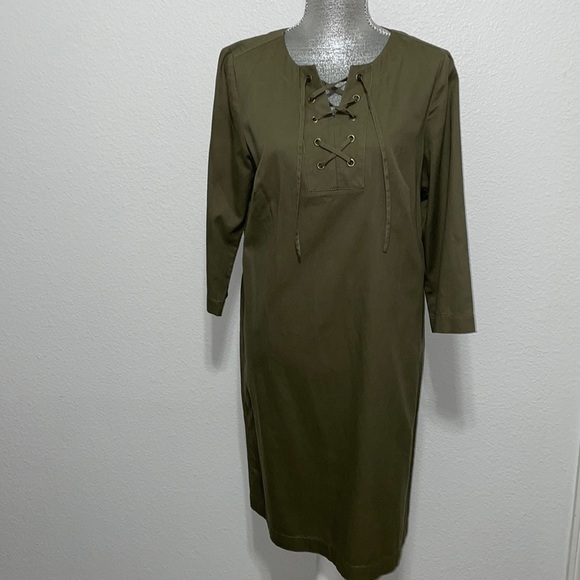 Talbots Olive‎ Green Pullover Dress Lace-Up 10 - Picture 1 of 4
